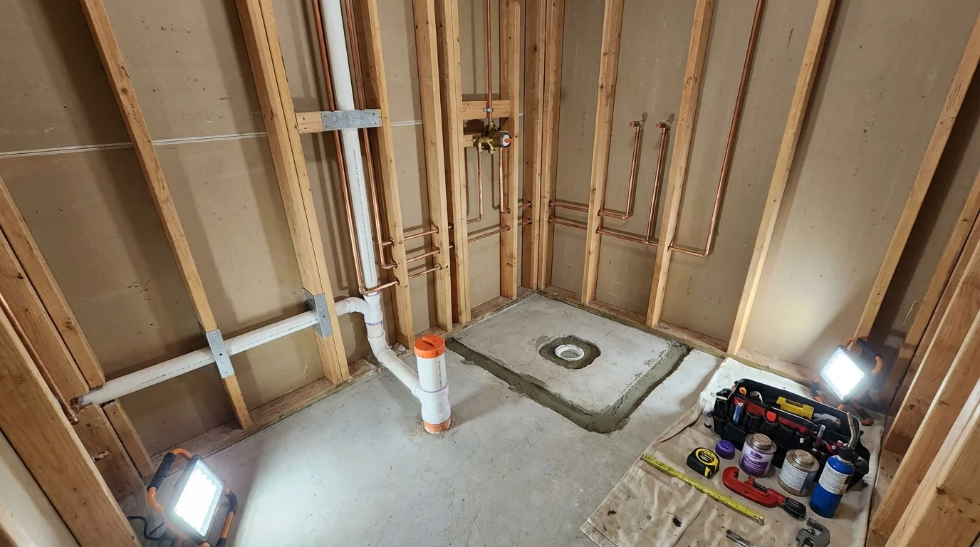 Bathroom rough-in plumbing during remodel by Johns Plumbing LLC in Malden