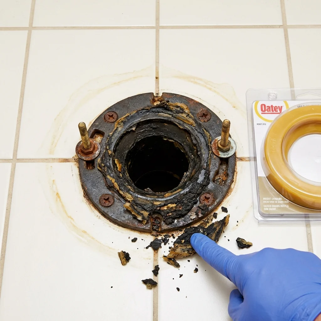 Failed wax ring showing water seepage at the base of a toilet in a Malden, MA home